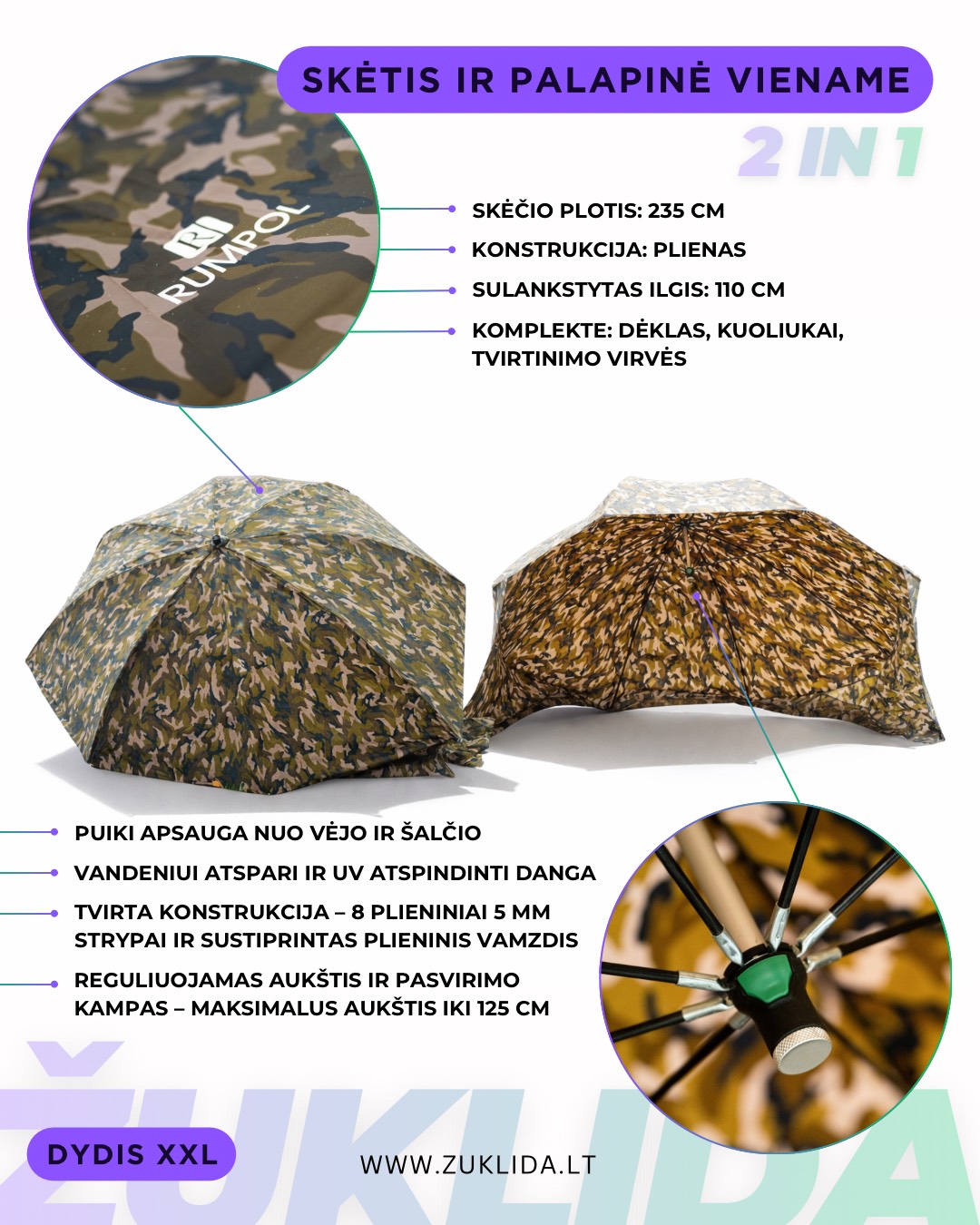 Skėtis- užuovėja su dugnu 235 cm.Žieminei-vasarinei žvejybai ./k280051 thumbnail 5